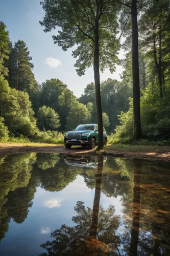 ,buidling, no humans, scenery, tree, outdoors, nature, ground vehicle, forest, water, building, reflection, lamppost, motor vehicle, sky,citroën acadiane,citroën ds,gt by citroën,citroën hypnos,shooti