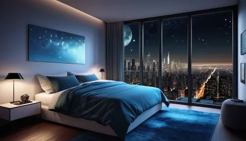 sky apartment,modern room,sleeping room,bedroom window,sky space concept,great room,tallest hotel dubai,room divider,bedroom,3d rendering,futuristic landscape,penthouse apartment,modern decor,guest room,visual effect lighting,blue room,window covering,canopy bed,cityscape,largest hotel in dubai,Art,Artistic Painting,Artistic Painting 35