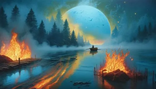 ice on fire,an artist shows people in boat on lake surrounded by flames and rising fire,fantasy picture,the night of kupala,fantasy landscape,lake of fire,fire and water,fantasy art,Illustration,Reali