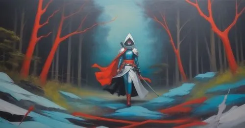 painting of a man in a red cape carrying a sword,mononoke,amaterasu,hiromasa,aleu,toshiro,seimei,Illustration,Realistic Fantasy,Realistic Fantasy 24