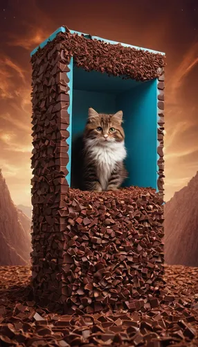 Craft a futuristic setting where chocolate shavings have the power to grant wishes.,cocoa,tim tam,block chocolate,malt loaf,rocky road,litter box,schrödinger's cat,cat frame,cardboard background,java,