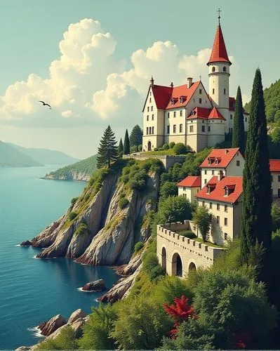 fairytale castle,sveti stefan,frederic church,montenegro,fairy tale castle,miramare,Illustration,Realistic Fantasy,Realistic Fantasy 02