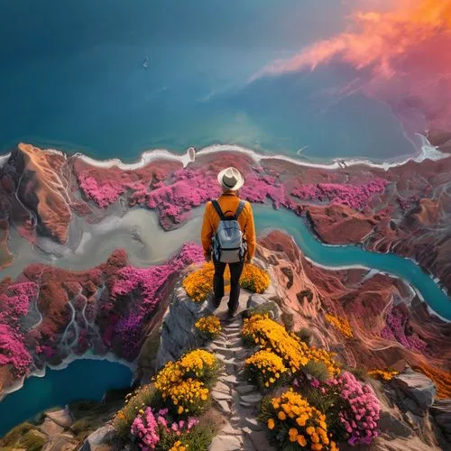 mountain world,virtual landscape,explorer,digital nomads,fantasy picture,photomanipulation,mountain guide,color fields,3d fantasy,badlands,world digital painting,alpine crossing,photo manipulation,chasm,traveler,volcano,acid lake,volcanism,pachamama,free land-rose,Unique,Design,Knolling