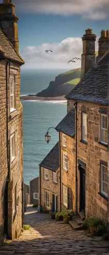 Bridport, seaside town, architectural design, British-style building, stone walls, wooden windows, steeply pitched roofs, chimneys, ornate doorways, intricate stonework, ocean views, cliffside, seagul