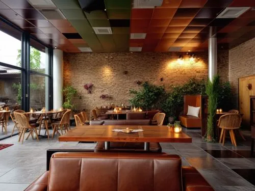 A photo of the interior of a cafe with a black ceiling, dark brown code tables and dark leather sofas, light tiles on the floor, with tread rugs in places,coffee shop,the coffee shop,corten steel,coff