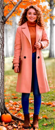 Autumn woman, solo, (25yo), beautiful detailed eyes, light blush, curly brown hair, warm smile, coat, orange sweater, skinny jeans, brown boots, holding a pumpkin, standing, leaning against a tree, ru