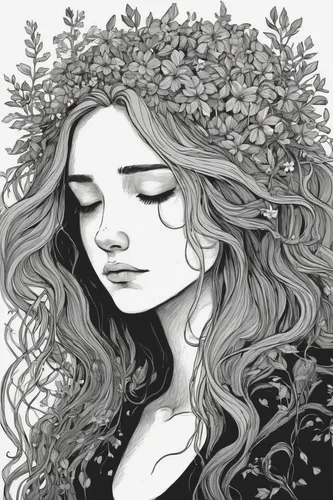 dryad,girl in a wreath,jessamine,wilted,flower crown,flora,girl in flowers,digital illustration,elven flower,rusalka,the sleeping rose,laurel wreath,hydrangea,rapunzel,ivy,fallen petals,merida,faerie,jasmine blossom,hydrangeas,Illustration,Black and White,Black and White 02