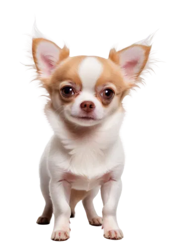 Small pet Chihuahua, solo, (1-2 years old), fluffy white fur, big brown eyes, pink nose, standing, front legs apart, cute expression, soft focus, shallow depth of field, warm lighting, 3/4 composition