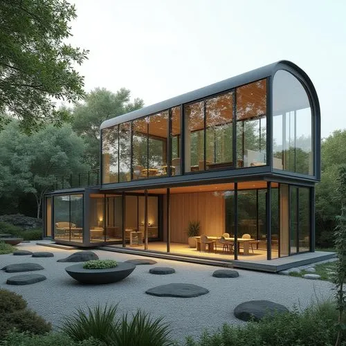 modern house,frame house,forest house,minimalist garden,zen garden