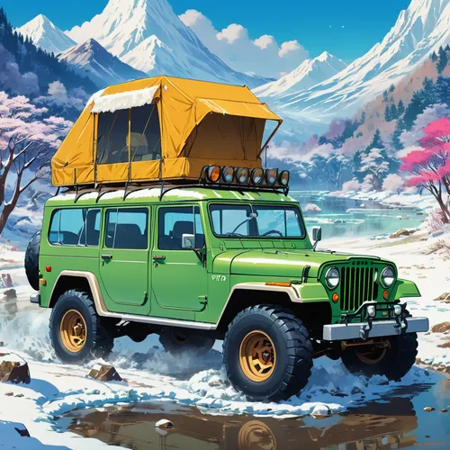 cj7,yellow jeep,toyota fj cruiser,expedition camping vehicle,jeep,uaz-452,land-rover,uaz-469,land rover series,autumn camper,winter trip,uaz patriot,small camper,toyota land cruiser,jeep cj,land rover,suzuki jimny,travel trailer poster,vehicle cover,camper,Illustration,Japanese style,Japanese Style 03