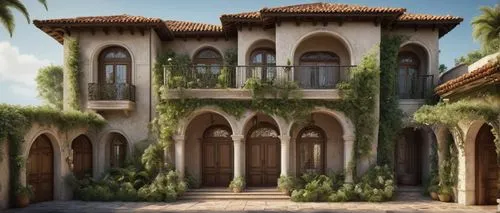 Stucco exterior, Mediterranean-style villa, intricate ornate decorations, curved arches, grand entrance, ornamental columns, rustic wooden doors, wrought iron balconies, clay roof tiles, lush greenery