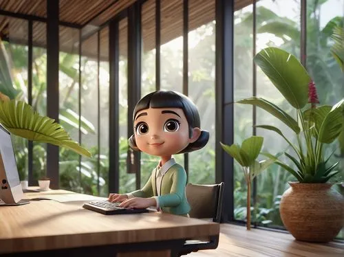 blur office background,girl studying,animator,animating,agnes,girl at the computer,menehune,cute cartoon character,character animation,remote work,animators,compositors,girl sitting,work at home,digital nomads,forest workplace,freelancer,background design,animation,work from home,Unique,3D,3D Character