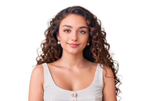 Female face, beautiful detailed eyes, eyelashes, light blush, soft pink lips, long curly brown hair, pearl earrings, subtle nose ring, gentle smile, slight facial asymmetry, soft focus, warm lighting,