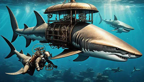 bronze hammerhead shark,hammerhead,diving bell,requiem shark,marine animal,shark,submersible,great white shark,divemaster,tiger shark,bull shark,pilotfish,sharks,sailfish,sea devil,marine reptile,underwater world,sea hawk,deep sea diving,underwater diving,Conceptual Art,Fantasy,Fantasy 25