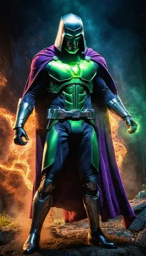 Fusão de Magneto e Doutor Destino,a man dressed as green lantern stands in the middle of a forest,latveria,annihilus,mysterion,desaad,volthoom,kilowog,Photography,General,Cinematic