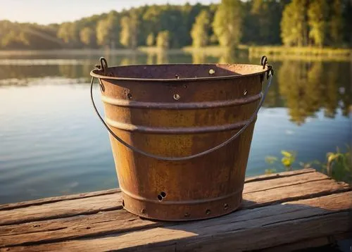 Old, rusty, metal bucket, many small holes, corroded surface, worn-out handle, still holding clear water, slight ripples on the surface, morning sunlight, warm ambient light, peaceful atmosphere, wood