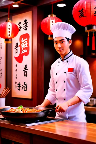 Asian-style restaurant, modern interior design, wooden tables, red lanterns, Chinese calligraphy on walls, steaming hot dishes, chef in white uniform, wok behind counter, soft warm lighting, 3/4 compo