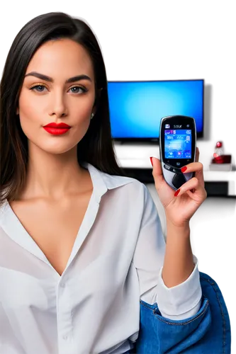 HD video player, sleek design, silver body, glowing blue screen, futuristic interface, woman's hand holding remote control, black nail polish, red lips, white shirt, casual jeans, living room setting,