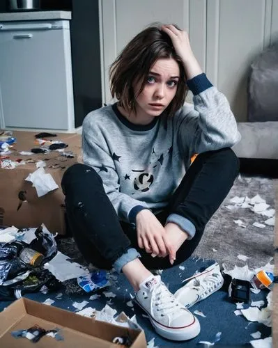 Depressed woman, 25yo, messy brown hair, pale skin, dark circles under eyes, worn-out clothes, loose sweater, ripped jeans, sneakers, sitting on a couch, dimly lit room, cluttered with trash and unwas