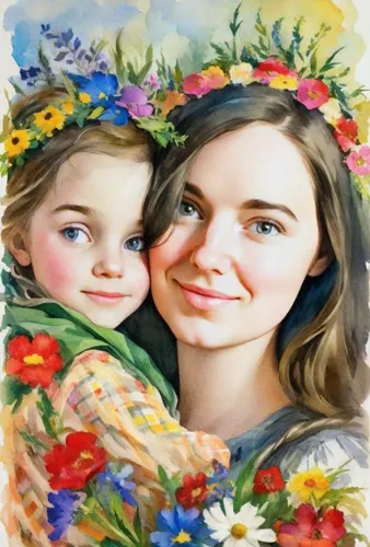 flowers png,floral greeting card,watercolor women accessory,flower painting,girl in flowers,little girl and mother,photo painting,portrait background,custom portrait,borage family,children's background,flower background,floral background,oil painting on canvas,mother with child,beautiful girl with flowers,happy mother's day,oil painting,floral wreath,capricorn mother and child