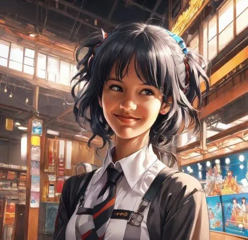 an anime character is smiling and looking into the camera,shimei,peni,a girl's smile,noodle image,minmei,yanmei,Digital Art,Anime