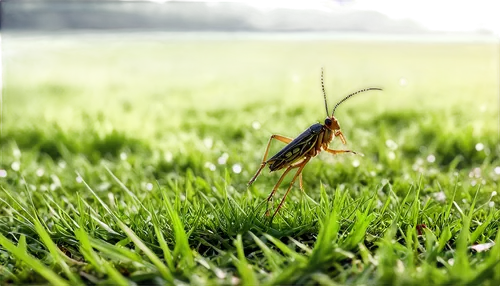 Summer evening, crickets sounds, green grass, tiny insects, jumping legs, shiny exoskeletons, delicate wings, detailed texture, realistic, ambient light, soft focus, warm color tone, close-up composit