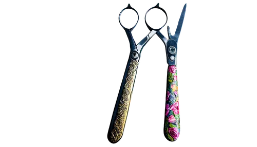 scissors, open, metallic, silver, ergonomic grip, sharp blades, detailed handles, slight reflection, studio lighting, close-up, shallow depth of field, 3/4 composition, PNG transparent background.,pai