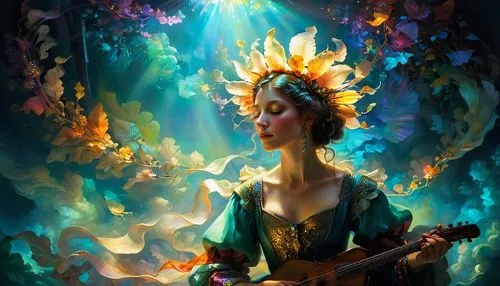 saraswati,guanyin,troubadour,troubador,virtuoso,transistor,fantasy portrait,fairy peacock,guitar player,mystical portrait of a girl,serenade,sarasvati,musician,tuatha,baroque angel,woman playing,baoshun,concert guitar,mahavishnu,fantasy art,Conceptual Art,Fantasy,Fantasy 18