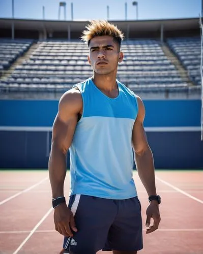 Muscular man, athletic build, strong jawline, short spiky hair, bold eyebrows, sweaty skin, sleeveless shirt, sporty shorts, tennis shoes, confident pose, standing, stadium, sports field, sunny day, b