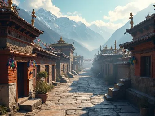 Tibetan monastery, curved tile roofs, golden finials, vibrant prayer flags, intricately carved wooden doors, rustic stone walls, snow-capped mountains, misty morning fog, warm sunlight filtering throu