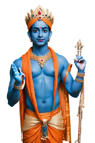 Krishna, Indian god, blue skin, crown, earrings, necklace, sacred thread, dhoti, bare chest, muscular arms, holding flute, standing in lotus position, soft focus, warm lighting, cinematic composition,