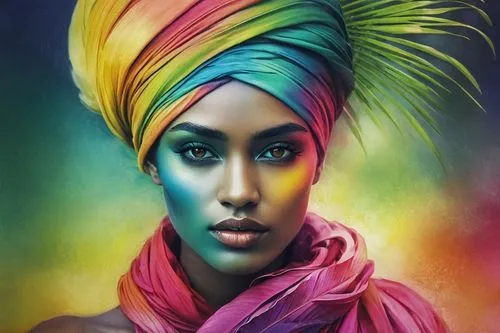 turban,african woman,africaine,paschke,vibrantly,african american woman,turbaned,indian woman,colourfully,vibrancy,africana,headscarf,world digital painting,africanism,beautiful bonnet,toucouleur,raja,turbans,vibrance,welin,Illustration,Realistic Fantasy,Realistic Fantasy 15