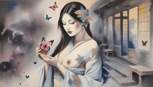 geisha girl,ulysses butterfly,geisha,butterfly background,japanese art,butterflies,oriental painting,blue butterflies,perfumer,passion butterfly,blue butterfly background,hoshihananomia,isolated butterfly,white butterflies,blue butterfly,butterfly,hanfu,oriental princess,mazarine blue butterfly,white butterfly,Illustration,Realistic Fantasy,Realistic Fantasy 02