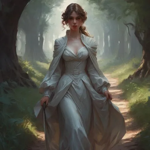 margaery,galadriel,margairaz,the bride,victorian lady,fantasy portrait,girl in a long dress,noblewoman,woman walking,belle,persephone,vestal,ballerina in the woods,wedding dress,dead bride,peignoir,romantic portrait,mystical portrait of a girl,forest path,ballgown,Conceptual Art,Fantasy,Fantasy 01