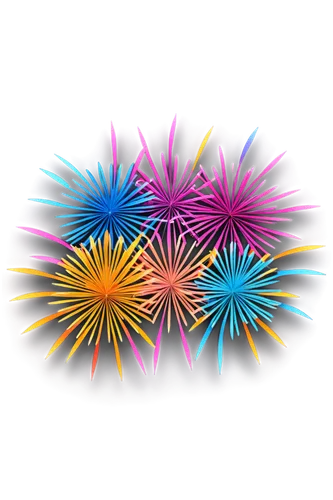 Colorful fireworks, bursting explosion, vibrant sparks, smoke trails, nighttime sky, dark background, bright lights, circular motion, dynamic composition, fast shutter speed, high contrast, vivid colo