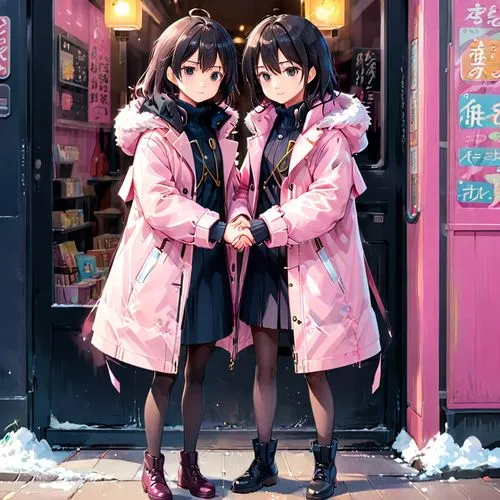 a young girl in a open black cold coat hold very tight the hands of her daughter in pink coat,two people with black hair and pink coats standing outside a store,harajuku,tomoharu,winter clothing,winte