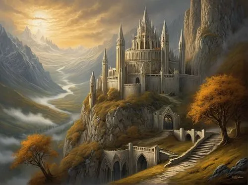 gondolin,tirith,fantasy picture,fantasy landscape,hogwarts,nargothrond,diagon,erebor,thingol,beleriand,fantasy art,rivendell,noldor,castle of the corvin,silmarillion,valinor,fairy tale castle,ithilien,fablehaven,eyrie,Illustration,Realistic Fantasy,Realistic Fantasy 40