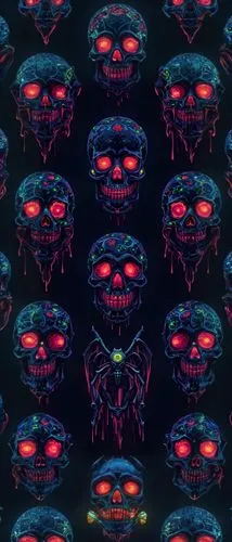 neon psychedelic skull wallpaper with many different faces,bandana background,halloween background,halloween wallpaper,scroll wallpaper,retro pattern,memphis pattern