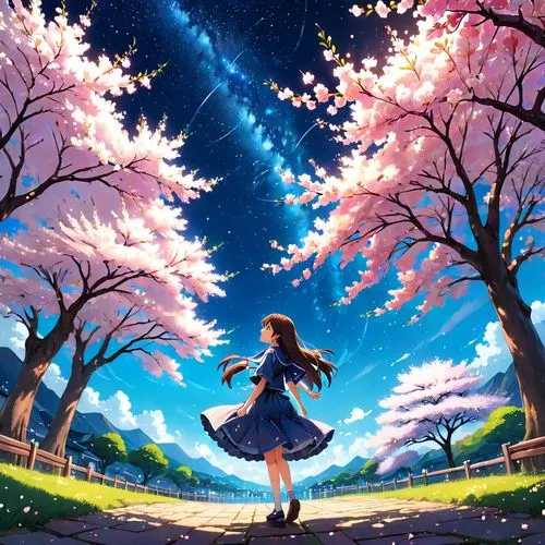 japanese sakura background,sakura background,starry sky,sakura trees,star sky,falling stars,sakura tree,springtime background,falling star,spring background,sakura,sakura blossoms,colorful stars,starry,fairy galaxy,sakura blossom,starlight,blooming field,moon and star background,star winds,Anime,Anime,Traditional