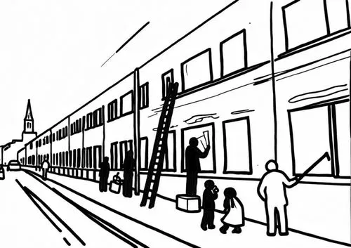 haz linea a blanco y negro de este dibujo. hazlo a mano alzada,a black and white drawing of people and an airplane on the side of a building,mono-line line art,line drawing,storyboard,office line art,