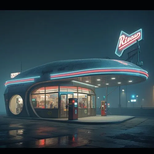 Retro-futuristic gas station, Streamline Moderne style, curved lines, metallic materials, neon lights, futuristic pumps, retro-style signage, bold typography, sleek curves, chrome accents, glass and s