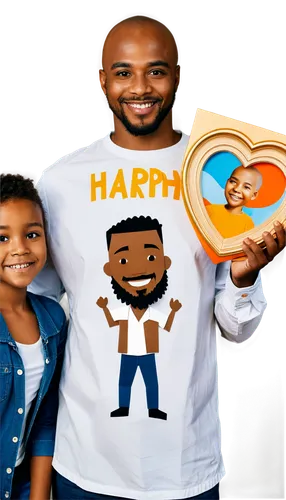 Happy Father's Day, African American father, smiling face, beard, shaved head, gold chain, white shirt, dark blue jeans, brown leather belt, holding picture frame, family photo, warm lighting, 3/4 com