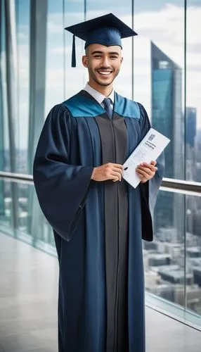 Modern architectural building, futuristic skyscraper, urban cityscape, degree holder, graduate cap, gown, academic regalia, confident smile, holding diploma, standing in front of a sleek glass facade,