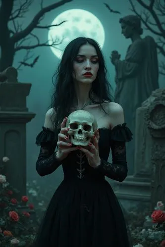 "Gothic night scene in a gloomy cemetery: Ethereal woman with alabaster skin, waist-length wavy black hair, and blood-red lips. She wears a black Victorian lace dress with long sleeves and a plunging 