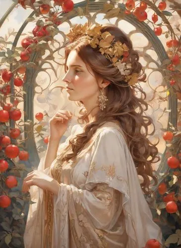 persephone,girl in a wreath,mucha,golden wreath,rosaline,rose wreath,Digital Art,Anime