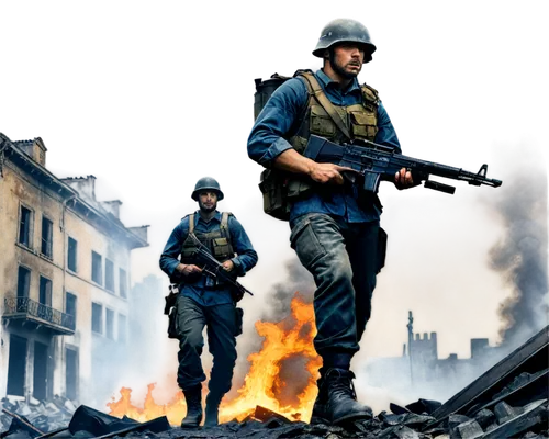 battlefield, destroyed cityscape, ruins, smoke and flames, soldier in combat uniform, helmet, rifle, grenade, muscular arms, intense facial expression, sweat and dirt on skin, worn boots, camouflage p