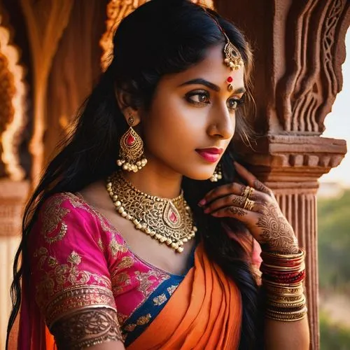 Indian woman, Chandra Challa, 25yo, beautiful dark skin, intricate henna designs on hands, traditional Indian clothing, orange and pink saree, golden jewelry, bindi on forehead, long black hair, thick