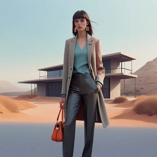 a woman in business attire stands next to an out building,delvaux,woman in menswear,krakoff,maxmara,woman walking,saleswoman,Photography,Fashion Photography,Fashion Photography 11