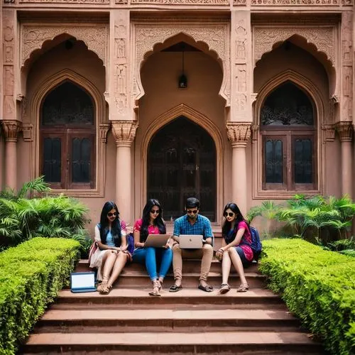 Modern Indian architecture school, college campus, beautiful courtyard, lush greenery, traditional Indian style building with modern twists, intricate stone carvings, large windows, natural light, woo