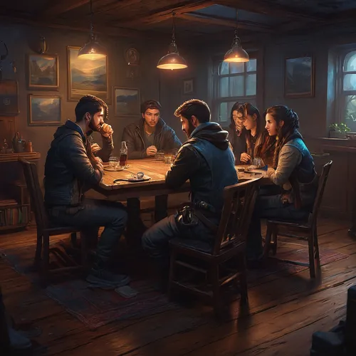 game illustration,card game,tavern,family dinner,dinner party,the coffee shop,round table,group work,tabletop game,poker,cg artwork,dice poker,games of light,card games,scene lighting,poker table,team meeting,playing cards,dining table,dining,Conceptual Art,Oil color,Oil Color 12